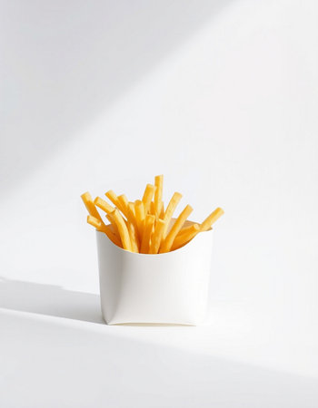 French fries in a white paper cup on a white background with shadow