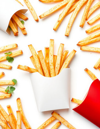 French fries in white paper box isolated on white background. Top view.の写真素材