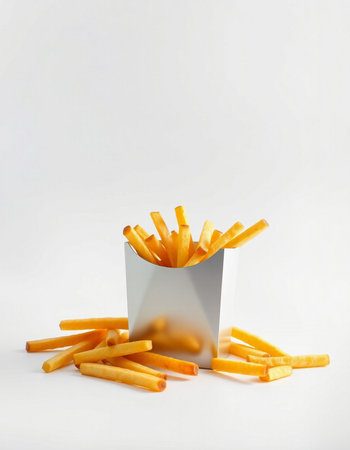 French fries in a paper box on a white background, close-up