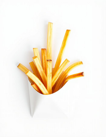 French fries in a white box isolated on white background. Top view.