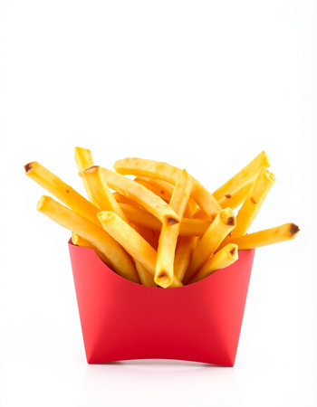 French fries in a red box isolated on white background. Selective focus.
