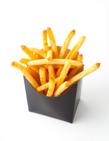 French fries in a box on a white background. Selective focus.