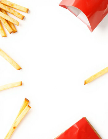 French fries on white background with copy space. Top view, flat layの写真素材