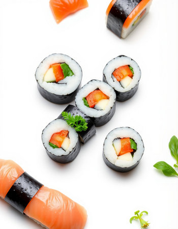Sushi rolls on a white background, top view, close-upの写真素材