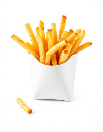 French fries in paper box isolated on white background. Fast food concept.