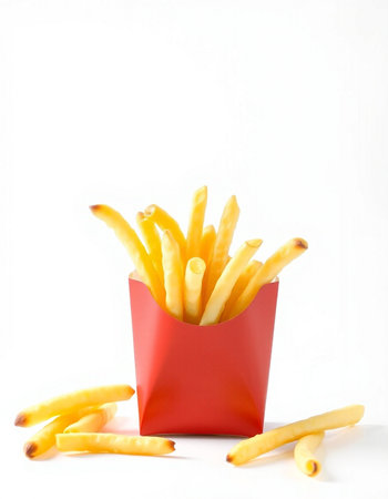 French fries in a red box on a white background, fast food