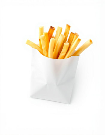 French fries in a white paper bag on a white background. Isolated
