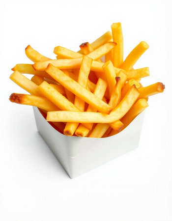 French fries in a box on a white background, close-up