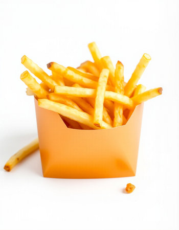 Golden French fries in a paper box isolated on a white background.
