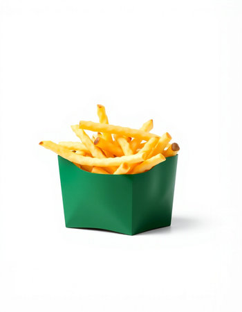 French fries in a green box on a white background. Isolated