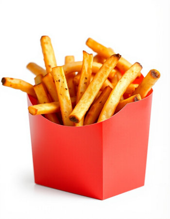 French fries in a red box on a white background. Isolatedの写真素材