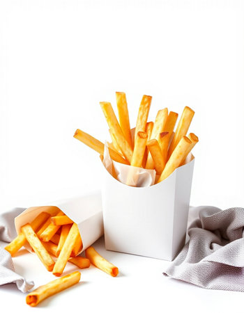 French fries in a paper box on a white background. Selective focus.の写真素材
