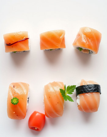 Sushi rolls with salmon and tuna on white background. Japanese foodの写真素材