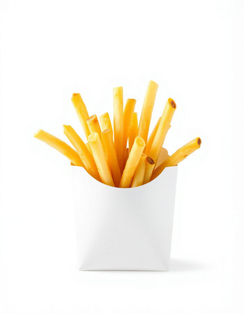 French fries in a paper box isolated on white background. Fast food.