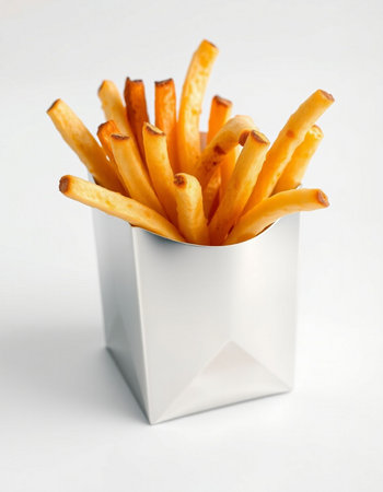 French fries in a white box on a white background, close-up