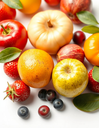 Fresh fruits and vegetables on a white background, close-up.