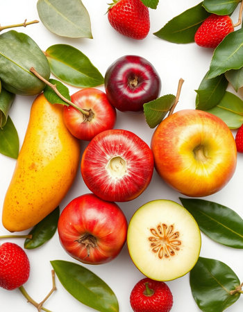 Fruits on a white background. Flat lay, top view.