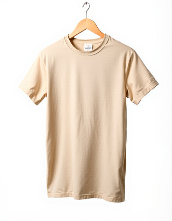 Beige t-shirt on a hanger isolated on white backgroundの写真素材