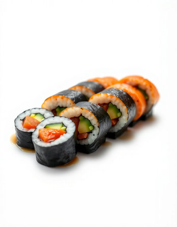 Sushi roll with salmon, avocado and cucumber on white backgroundの写真素材