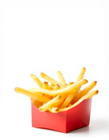 French fries in red box isolated on white background. Fast food.