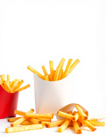 French fries in a paper box on a white background with copy space