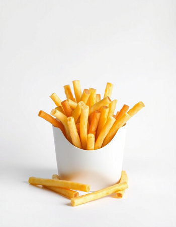 French fries in a paper cup on a white background. Fast food.