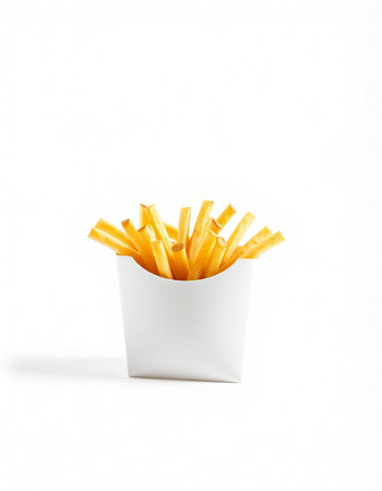 French fries in a paper box on a white background. Isolatedの写真素材
