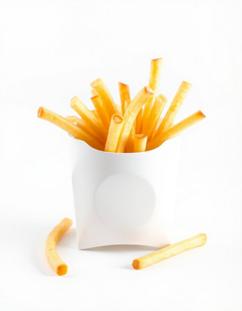 French fries in paper box isolated on white background. Fast food concept.