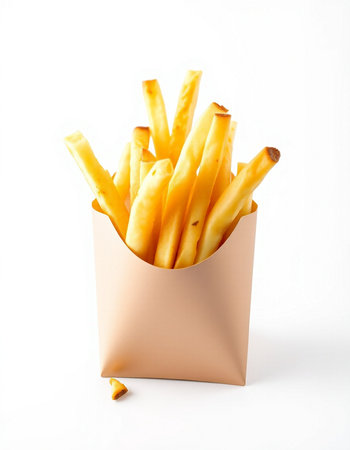 French fries in paper box isolated on white background. Fast food concept.