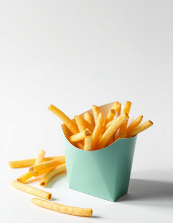 French fries in a paper box on a white background with copy spaceの写真素材