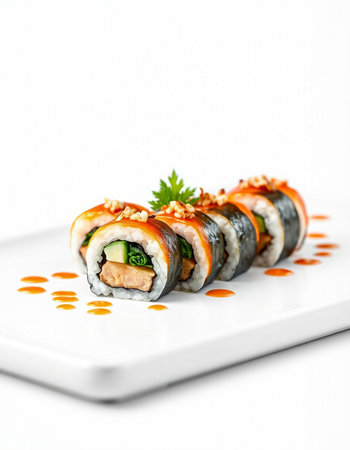 Sushi roll with salmon and cucumber on white plate. Shallow dof.の写真素材