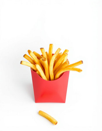 French fries in a red box on a white background. Fast food.の写真素材
