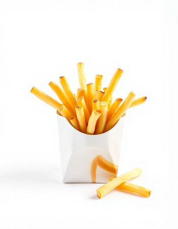 French fries in a white box on a white background, isolated.