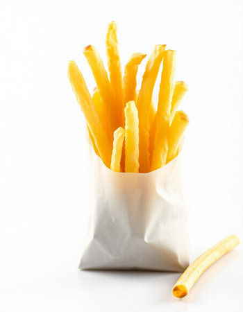 French fries in paper bag isolated on white background. Selective focus.