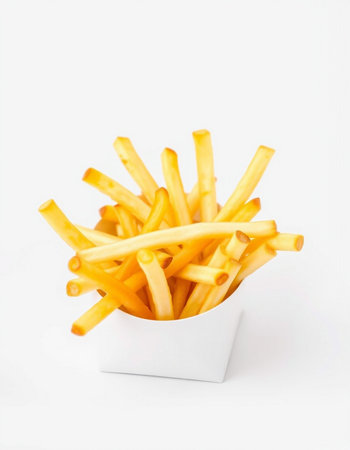 French fries in a white box on a white background. Selective focus.