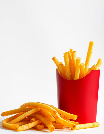 French fries in a red box on a white background, fast food