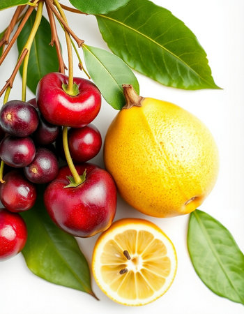 Cherries, lemons and cherries on a white backgroundの写真素材