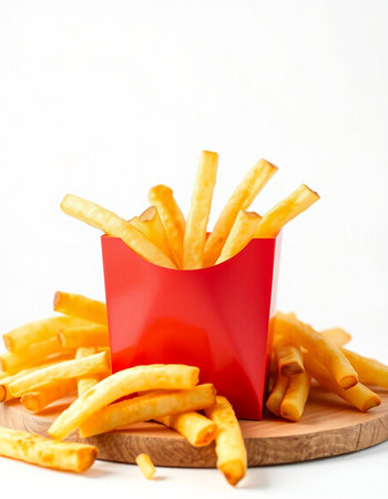 French fries in a red box on a white background. Fast food.