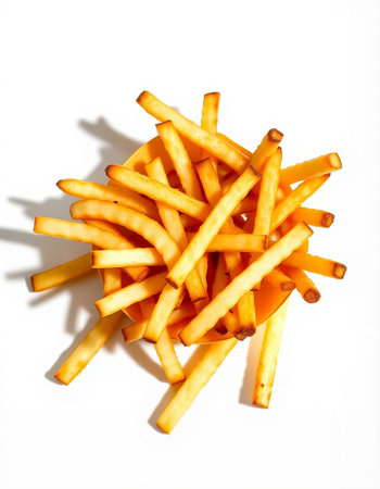 French fries isolated on a white background. Top view. Close up.