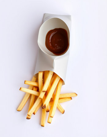 French fries with ketchup sauce on a white background. Top view.の写真素材