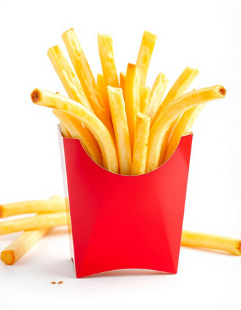 French fries in a red box on a white background, isolated.