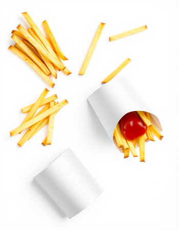 French fries with ketchup on white background. Top view. Flat layの写真素材