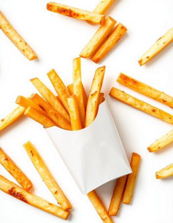 French fries in white paper box on white background, top view.の写真素材