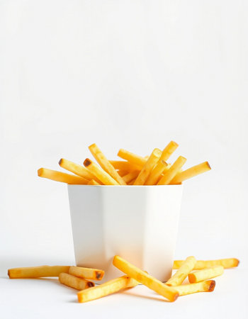 French fries in a paper cup on a white background. Selective focus.