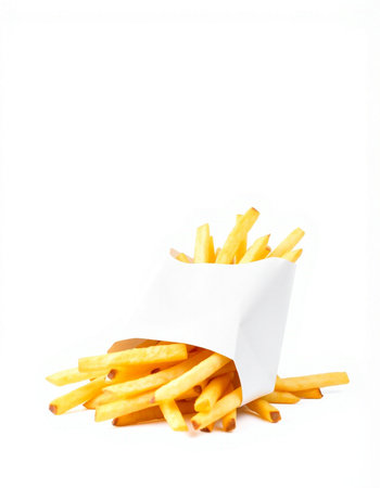 French fries in paper bag isolated on white background with clipping path.