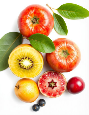 Fruits isolated on white background. Tomato, orange, kiwi, grapefruit, plum