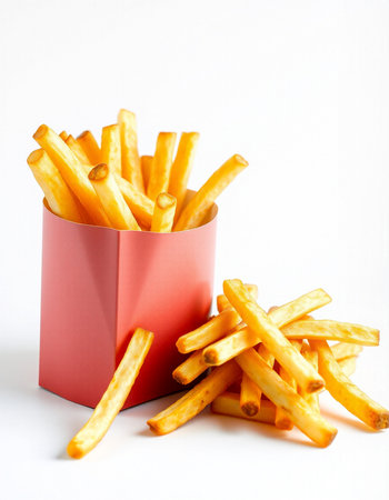 French fries in a red box on a white background, fast food