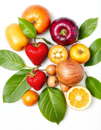 Fruits and vegetables isolated on white background. Healthy food concept.