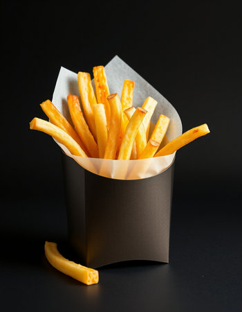 French fries in paper box on black background. Fast food concept.