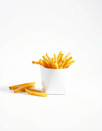 French fries in a white paper box on a white background, isolated